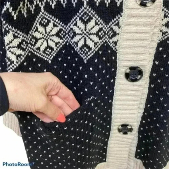 Hand Knit Cardigan Sweater Fair Isle Handmade Christmas Holiday Beige Black Smal - Picture 7 of 16
